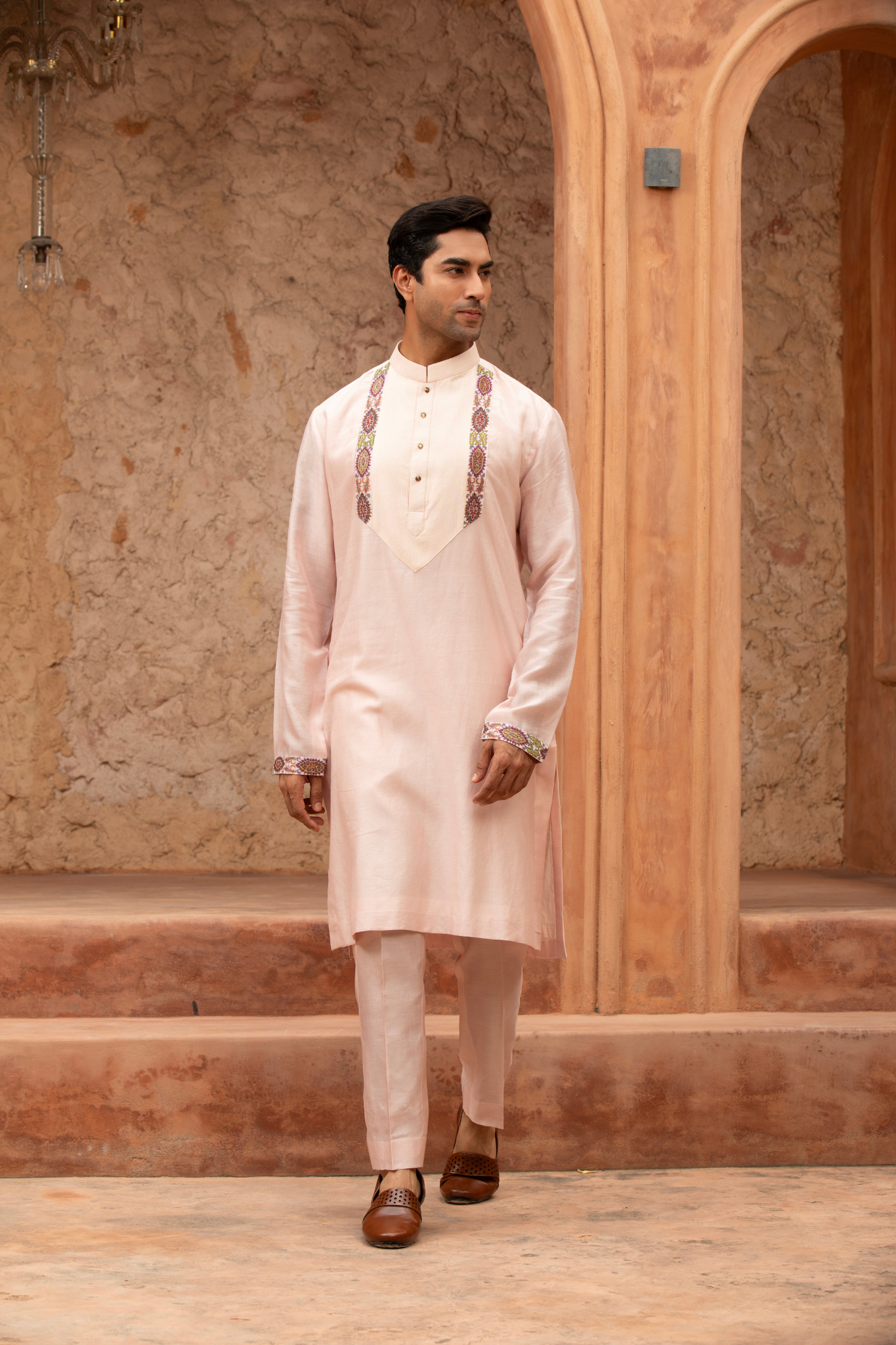 Rose Quartz Detail Embroidered Kurta Set