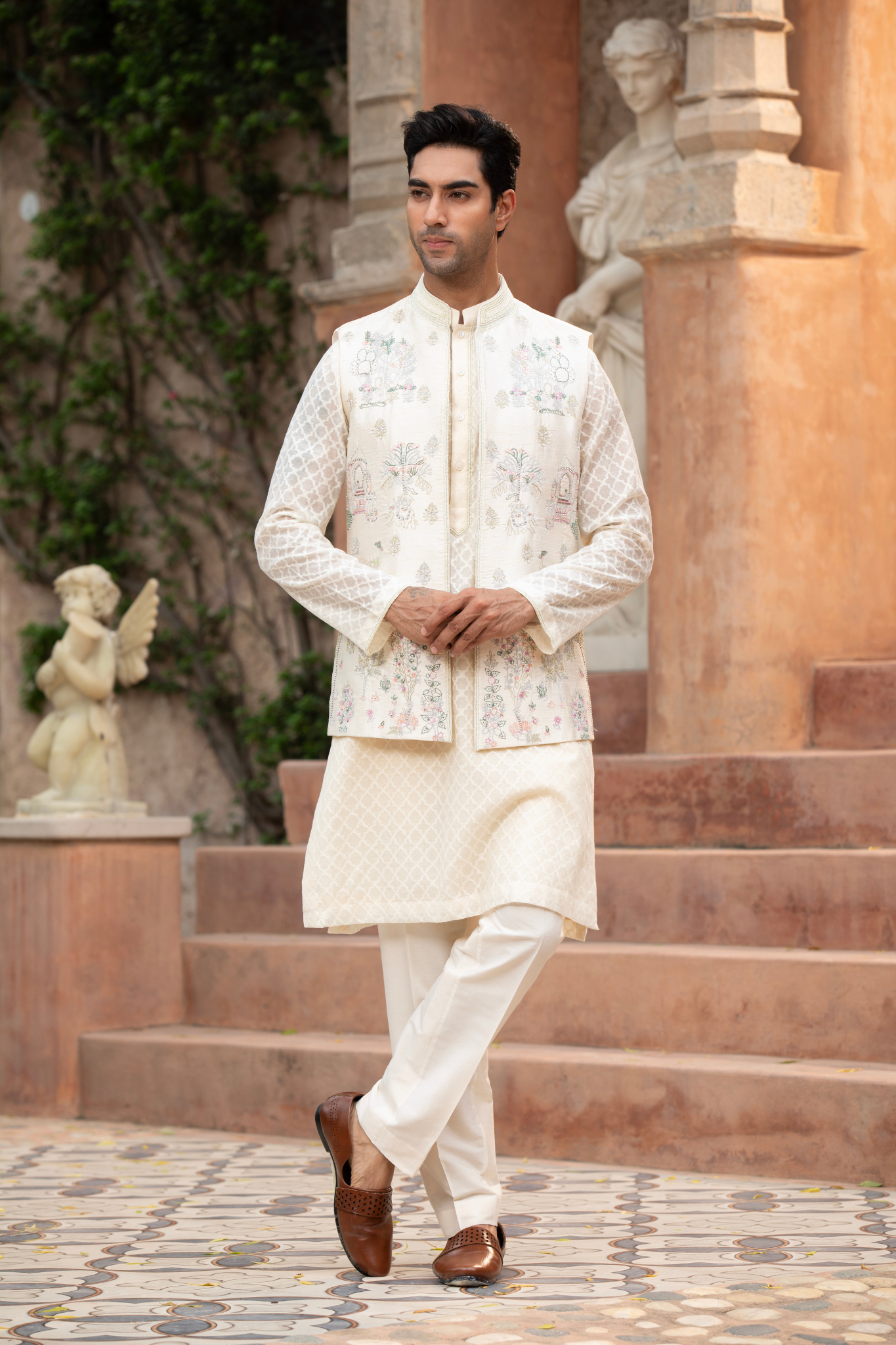 Ethereal Garden Ivory Embroidered Jawahar Jacket kurta Set