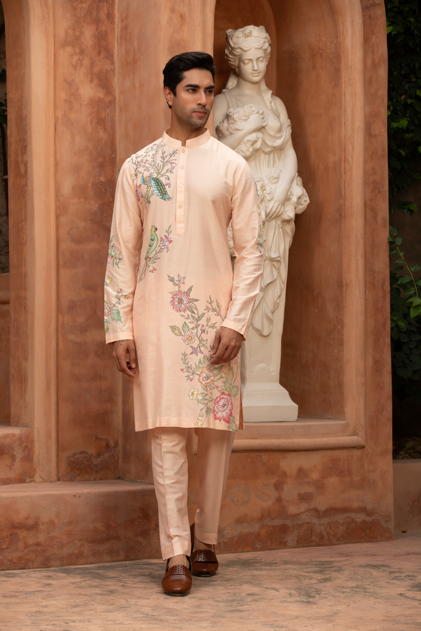 Blush Paradise Bird Hand-Painted Kurta Set