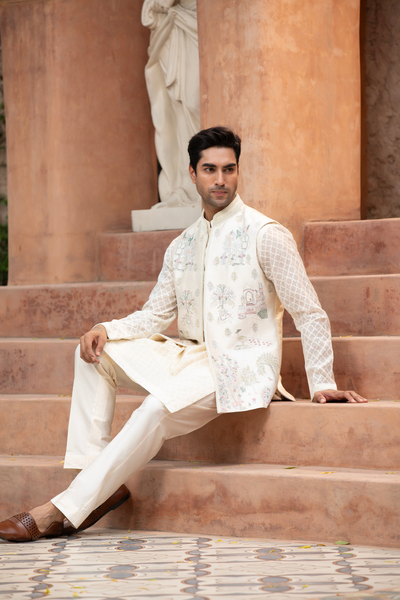 Ethereal Garden Ivory Embroidered Jawahar Jacket kurta Set