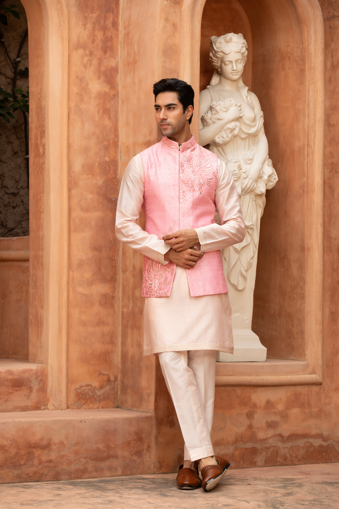Blush Harmony Bird Embroidered Nehru Jacket Set