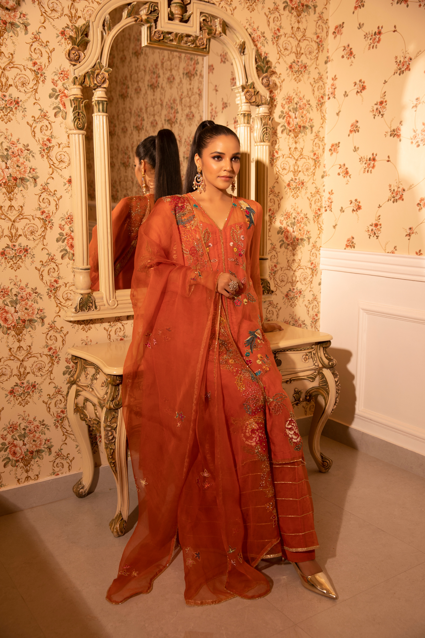 Orange Pichwai Kurta Set