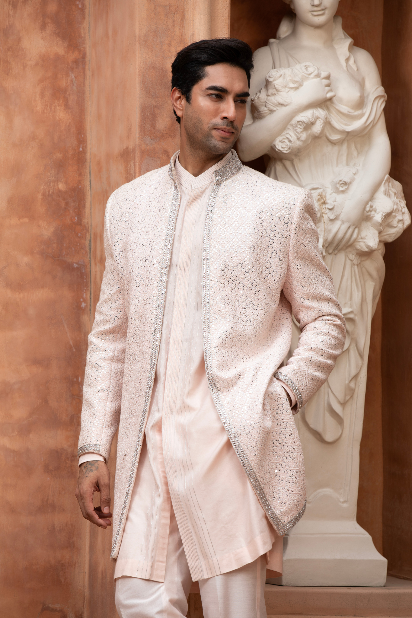 Blush Radiance Mirror Work Open Style Indowestern Kurta Set