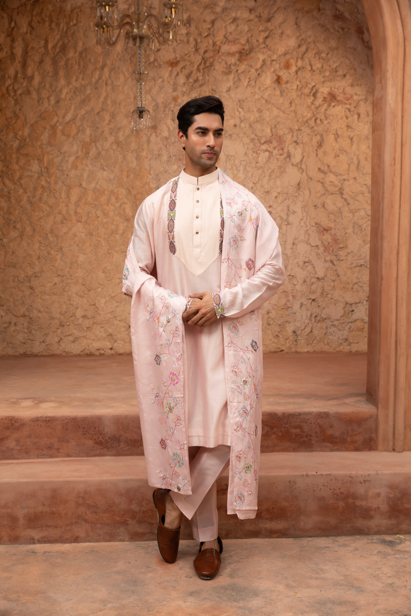 Rose Quartz Detail Embroidered Kurta Set