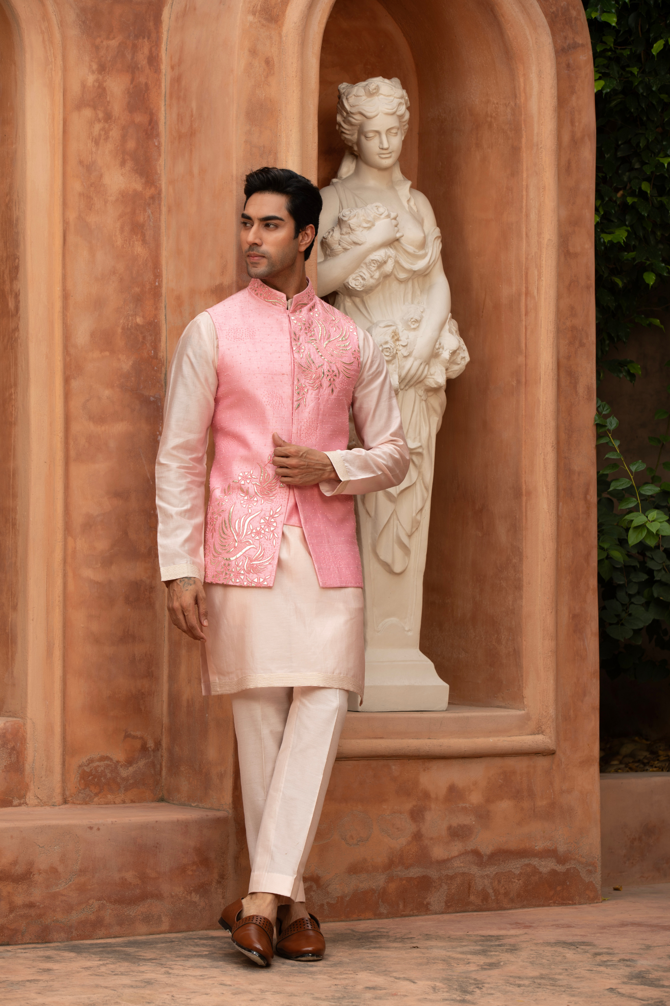 Blush Harmony Bird Embroidered Nehru Jacket Set