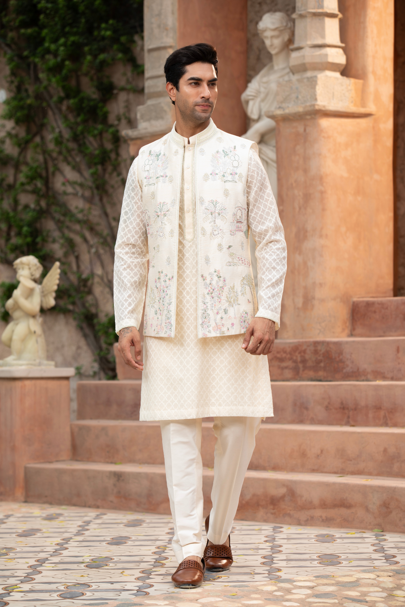 Ethereal Garden Ivory Embroidered Jawahar Jacket kurta Set