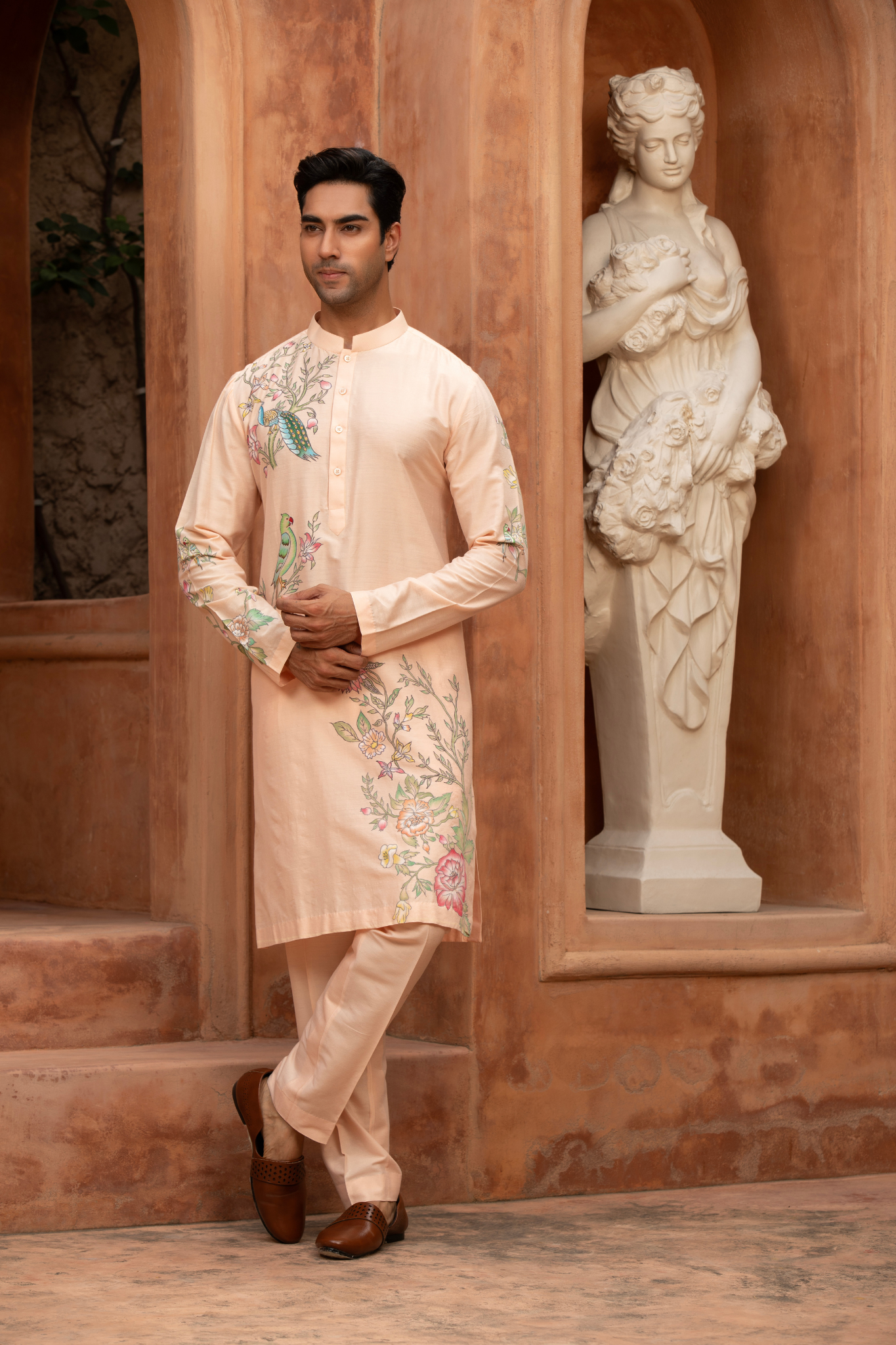 Blush Paradise Bird Hand-Painted Kurta Set