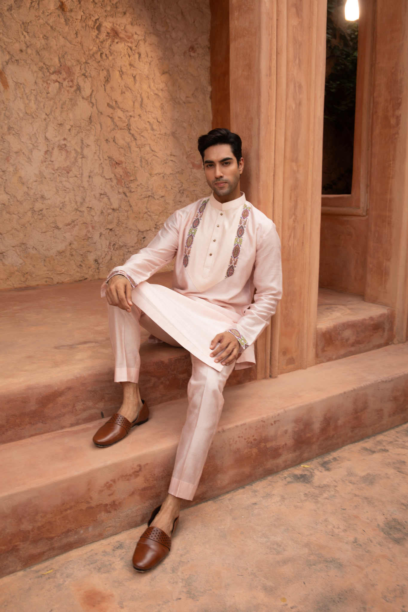 Rose Quartz Detail Embroidered Kurta Set