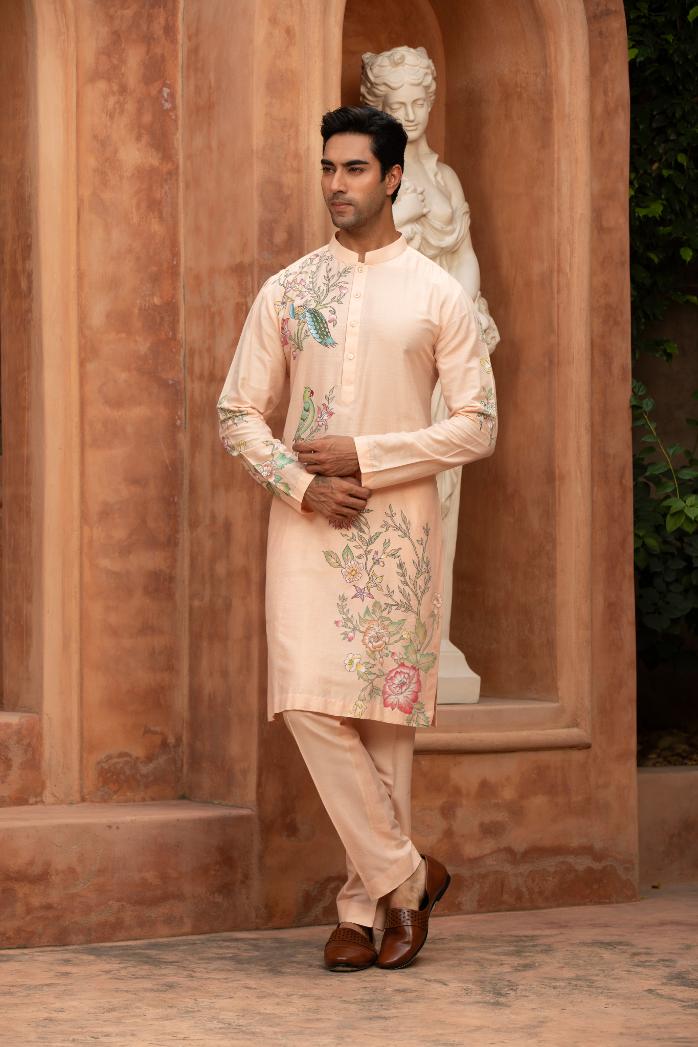 Blush Paradise Bird Hand-Painted Kurta Set