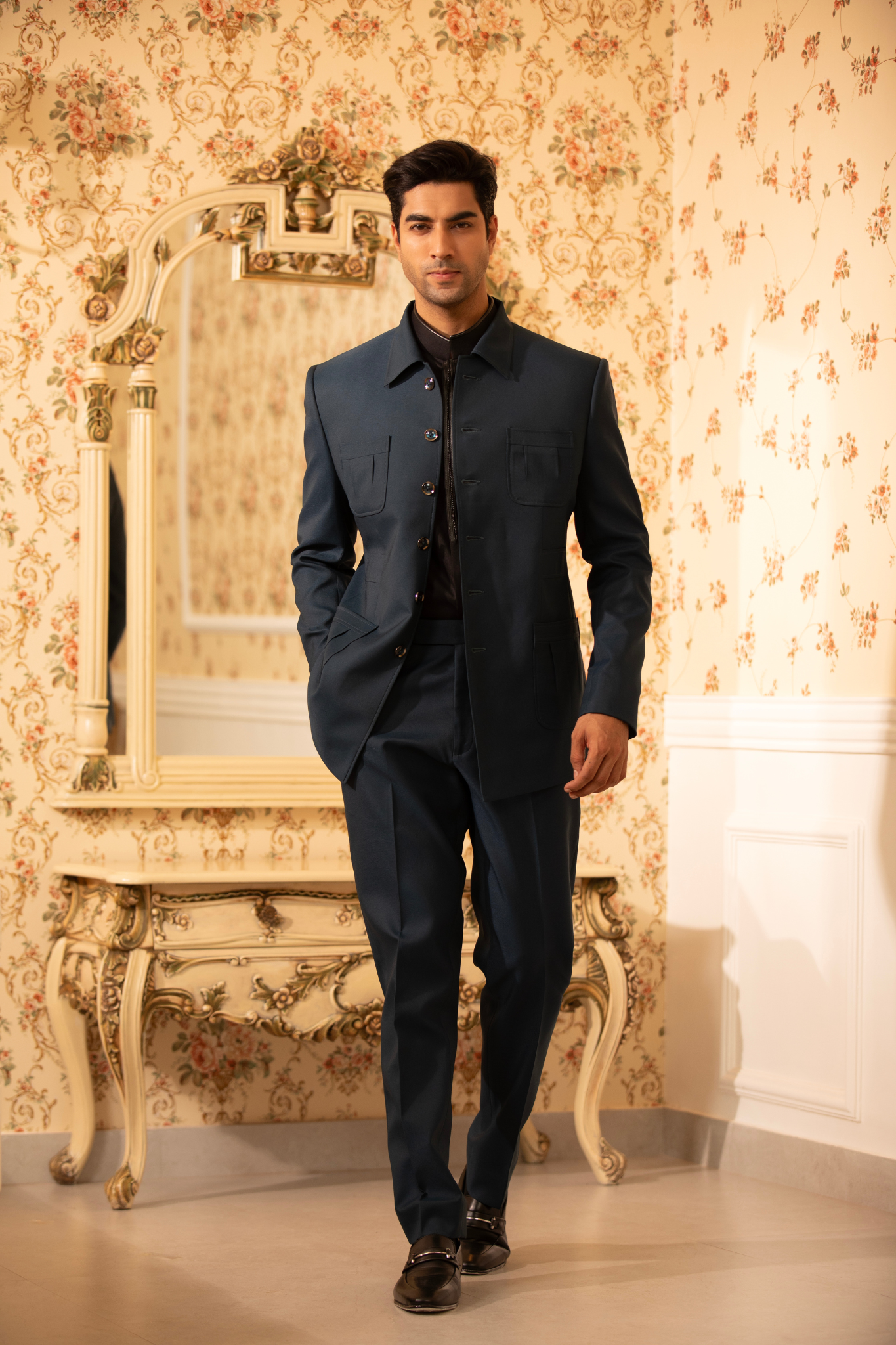 Midnight Teal Regal Bandhgala Suit