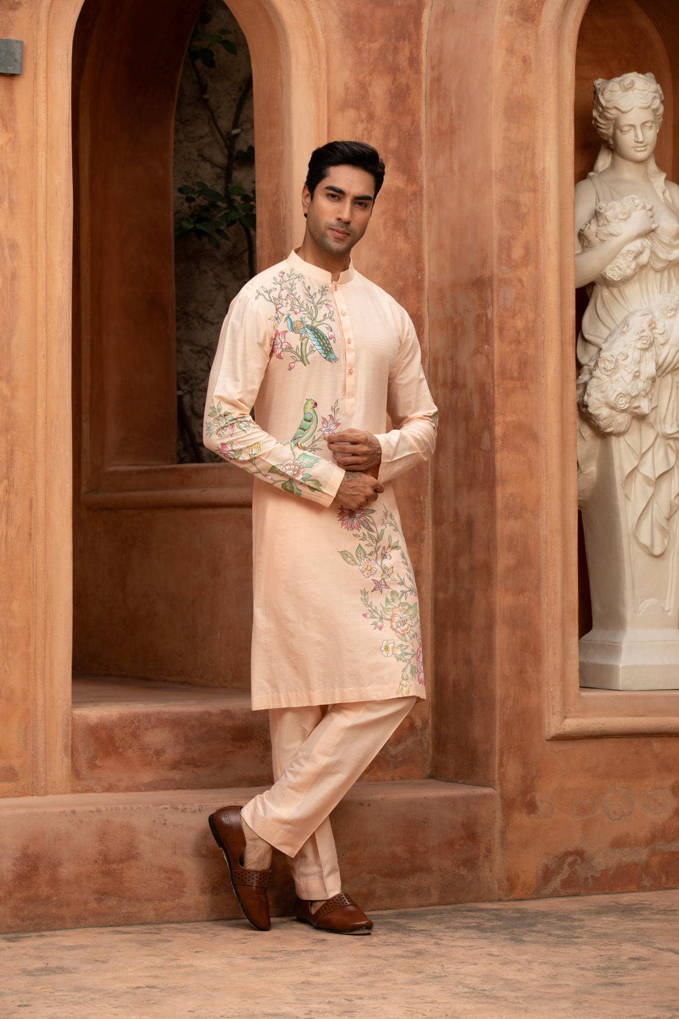 Blush Paradise Bird Hand-Painted Kurta Set