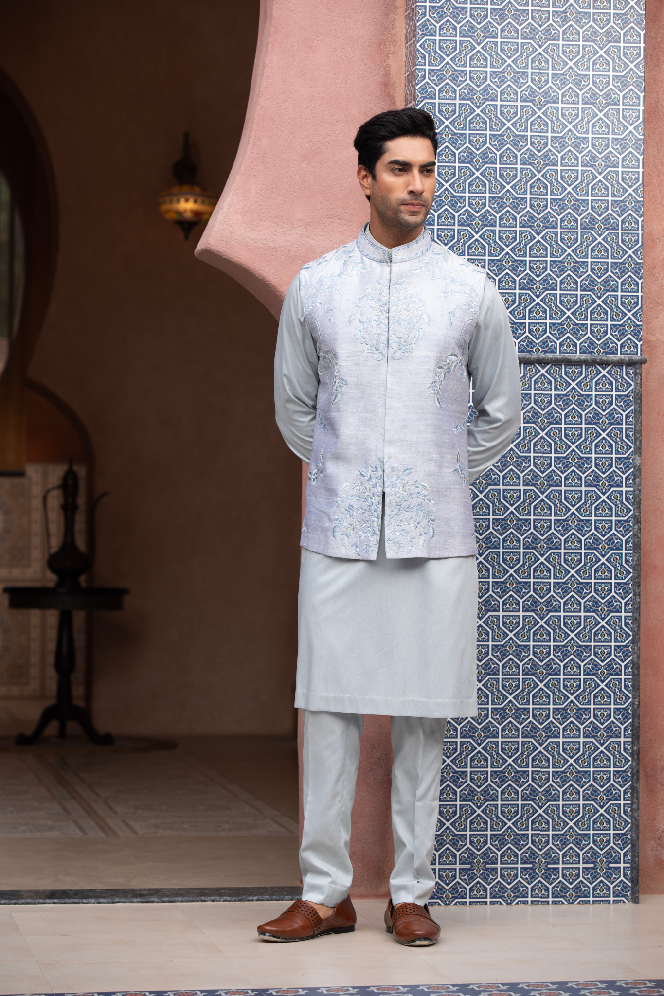 Opal Mist Embroidered Nehru Jacket Kurta Set