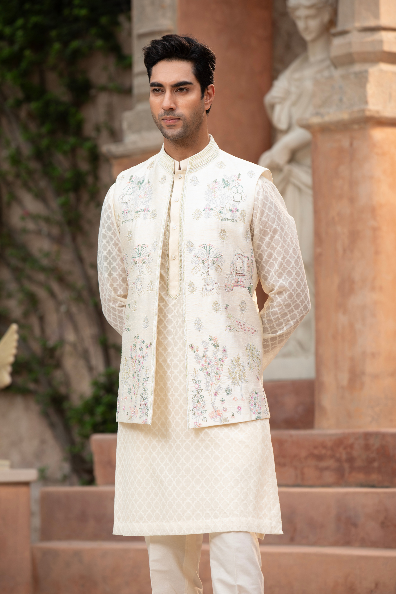 Ethereal Garden Ivory Embroidered Jawahar Jacket kurta Set
