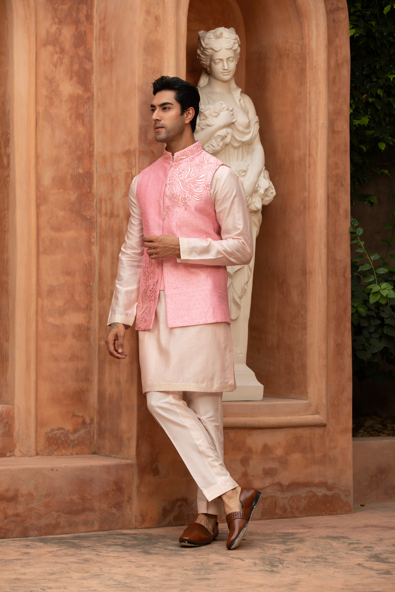 Blush Harmony Bird Embroidered Nehru Jacket Set
