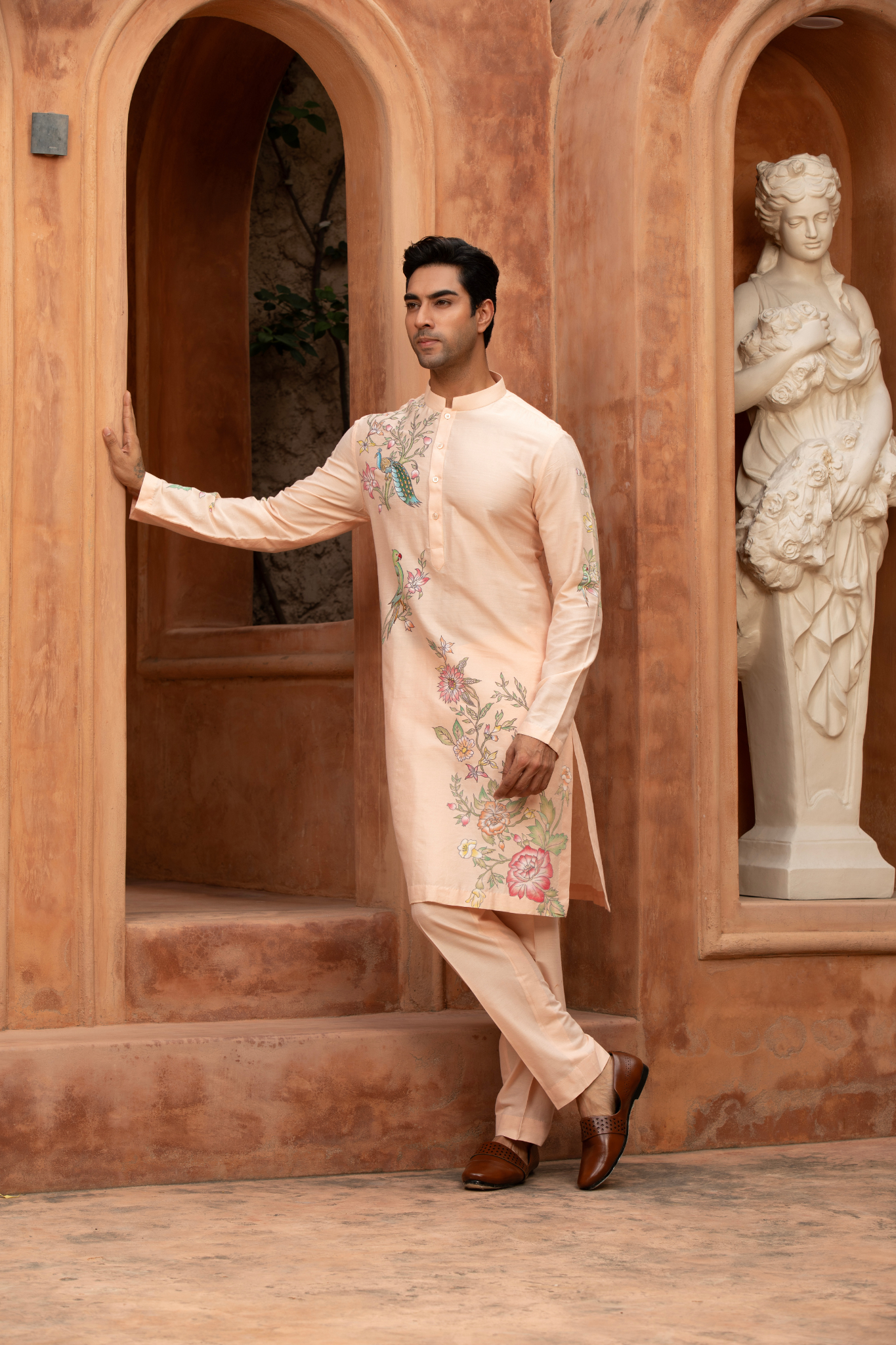 Blush Paradise Bird Hand-Painted Kurta Set
