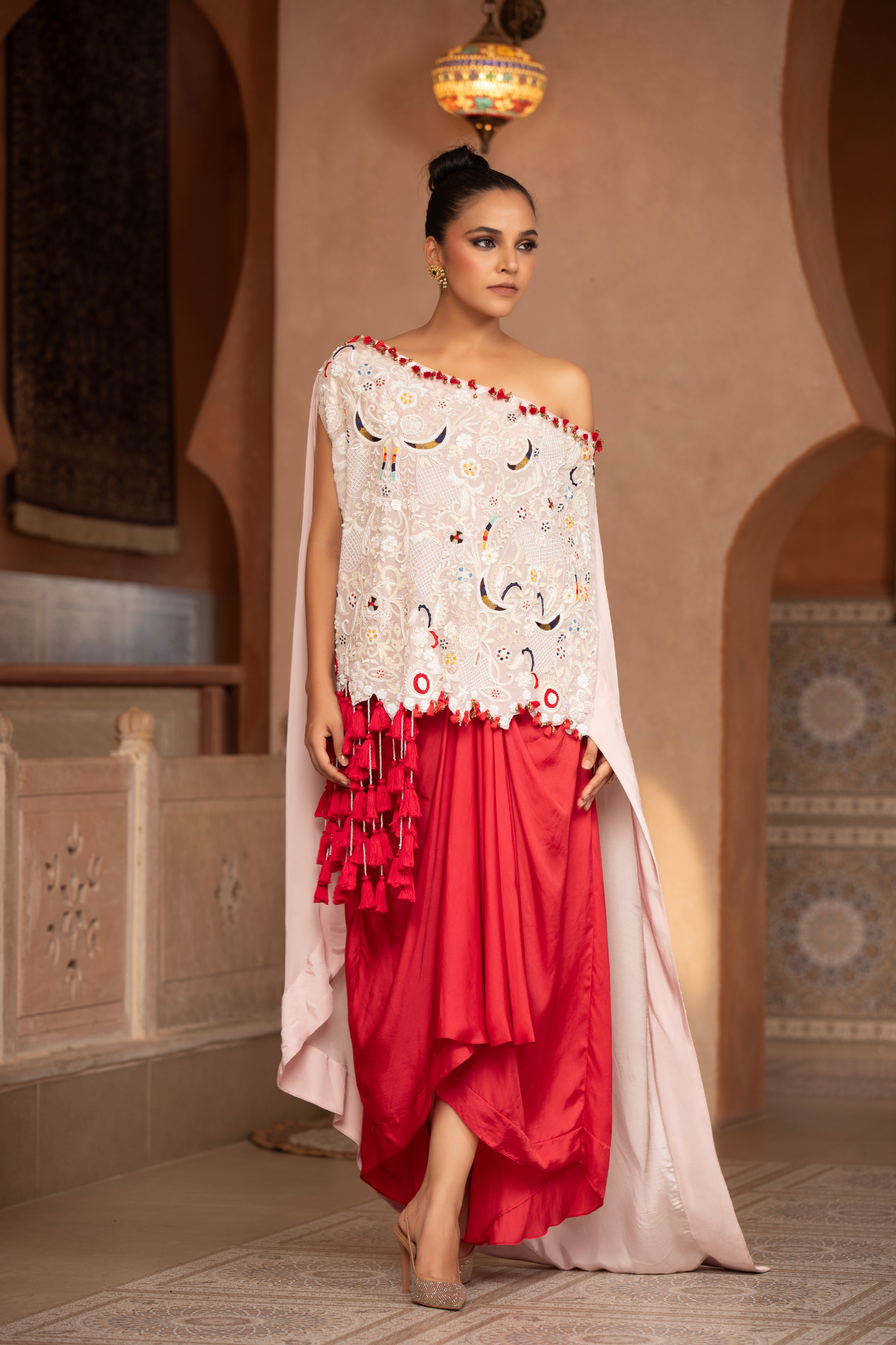 Crimson Cascade Cape Dhoti Set