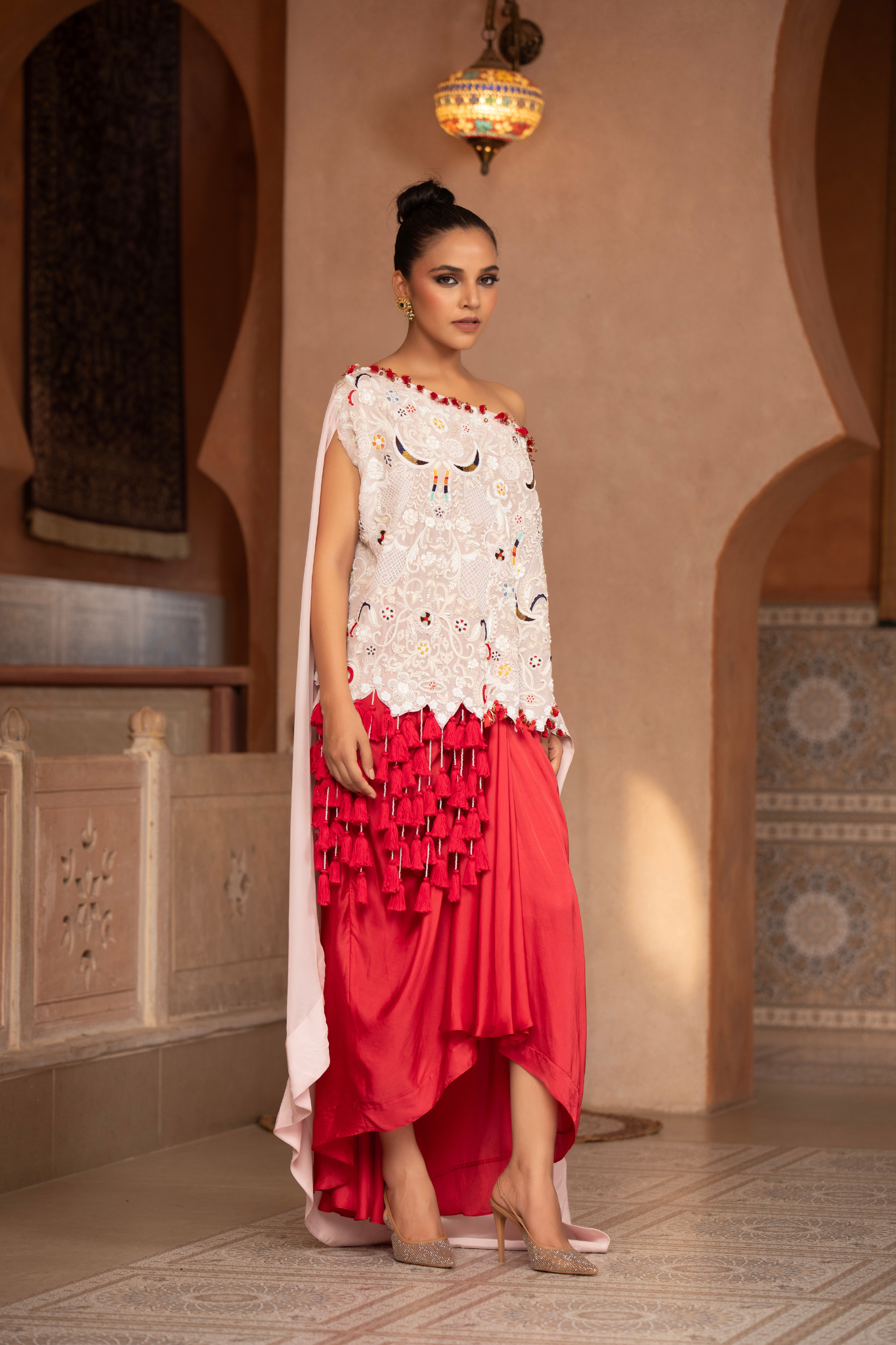 Crimson Cascade Cape Dhoti Set