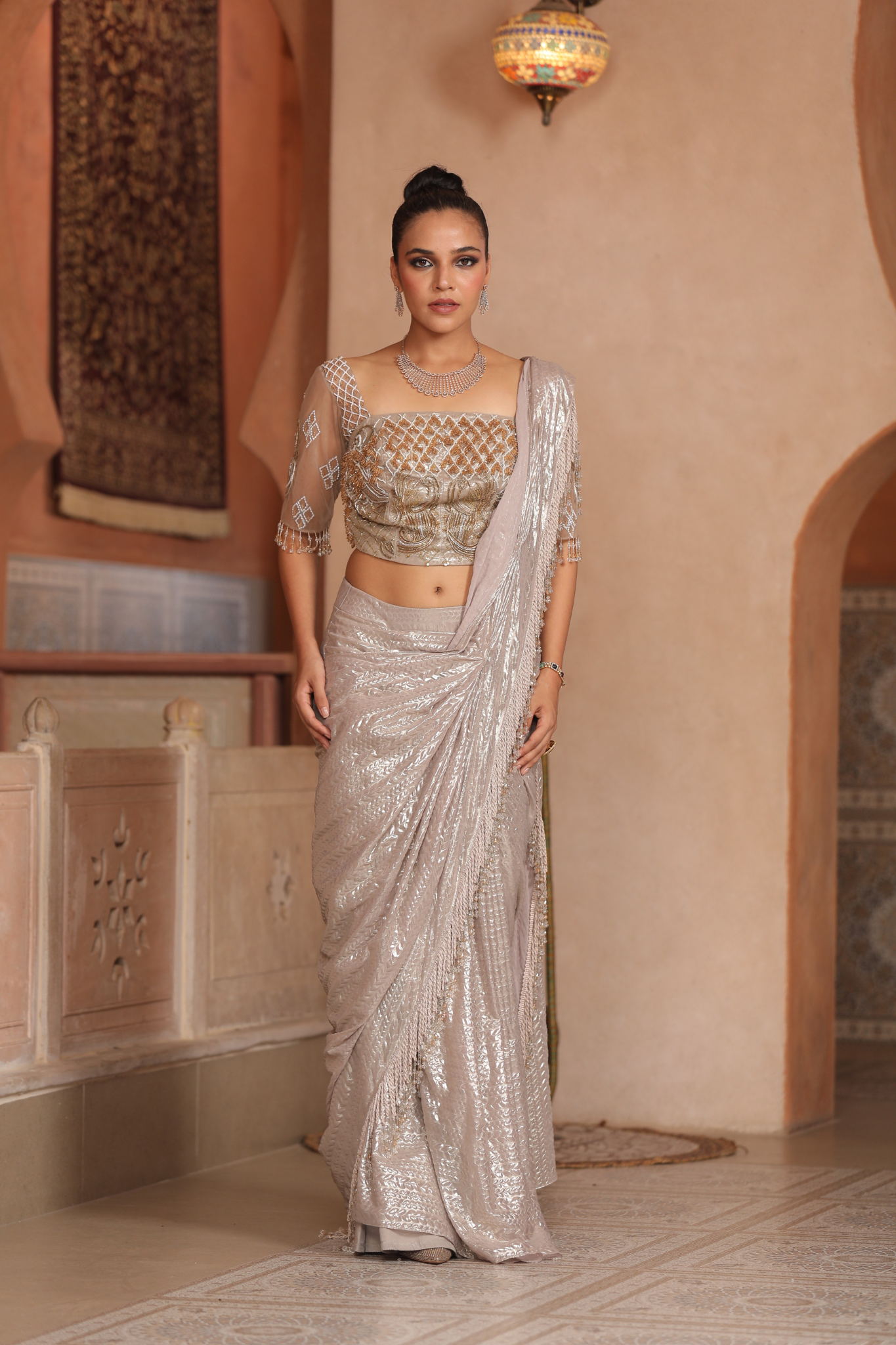 Champagne Glimmer Sequin Saree Set