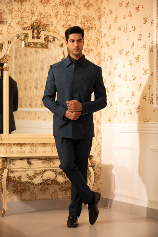 Midnight Teal Regal Bandhgala Suit