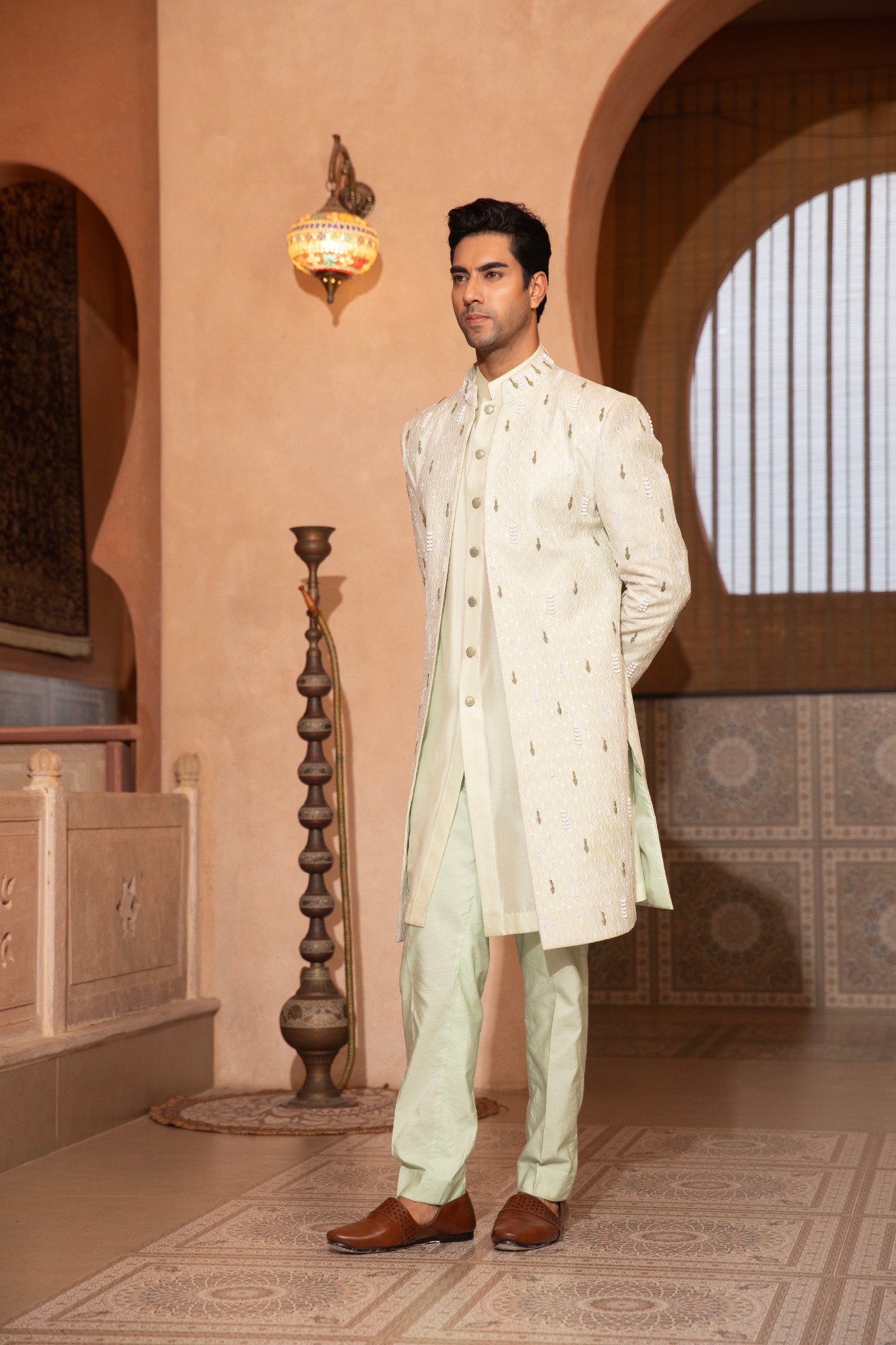 Mint Sheen Textured Open Style Indo Western Kurta Set