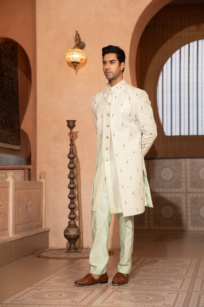 Mint Sheen Textured Open Style Indo Western Kurta Set