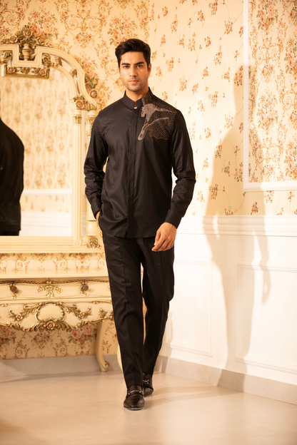 Black Designer Embroidered Cord Set