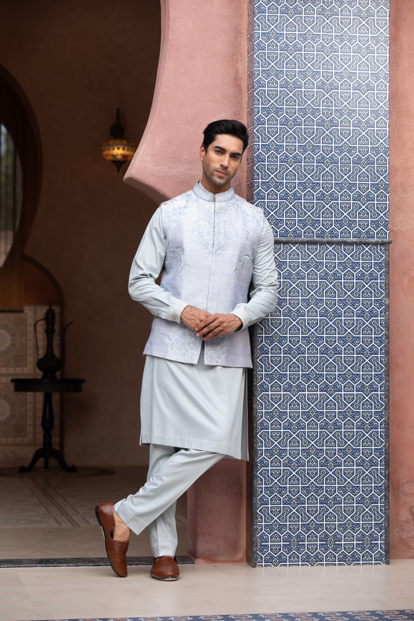 Opal Mist Embroidered Nehru Jacket Kurta Set