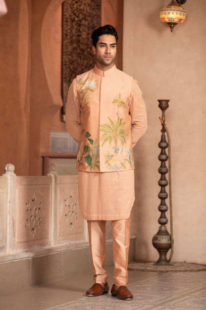 Peach Blossom Embroidered Nehru Jacket Set
