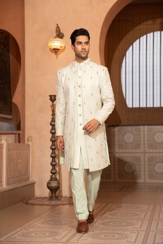 Mint Sheen Textured Open Style Indo Western Kurta Set