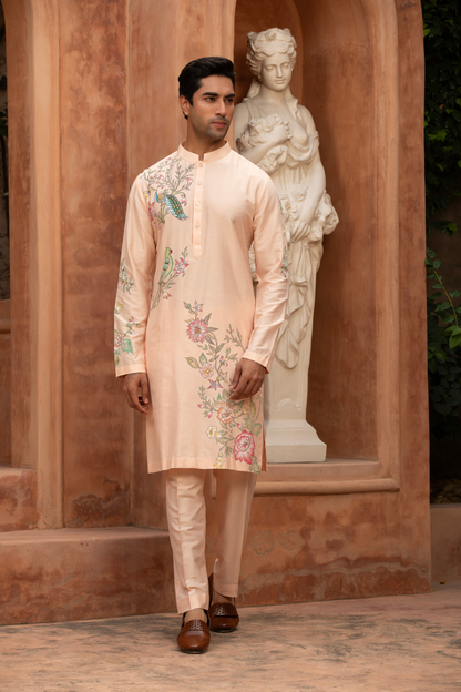 Blush Paradise Bird Hand-Painted Kurta Set