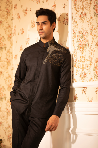 Black Designer Embroidered Cord Set