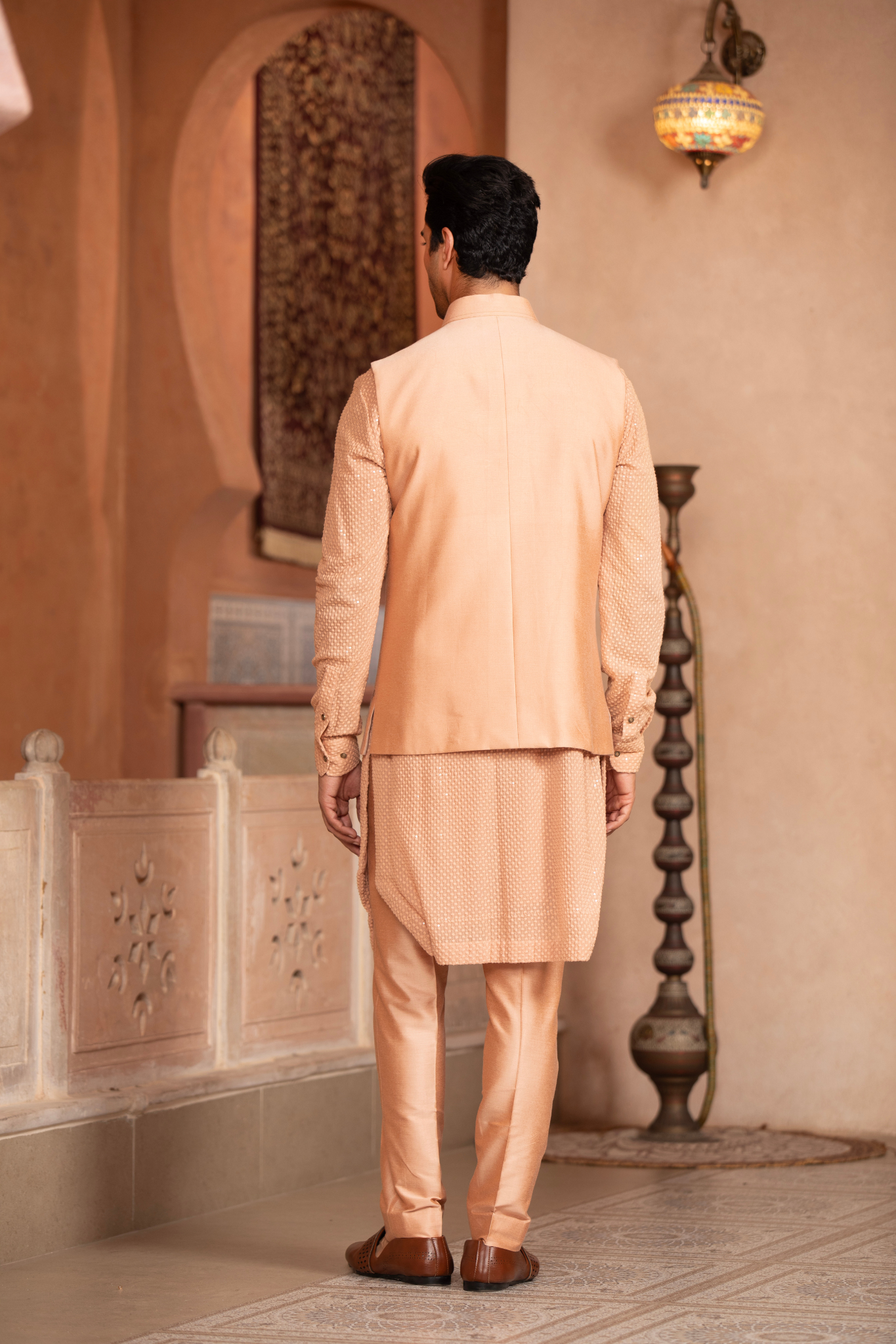 Peach Blossom Embroidered Nehru Jacket Set