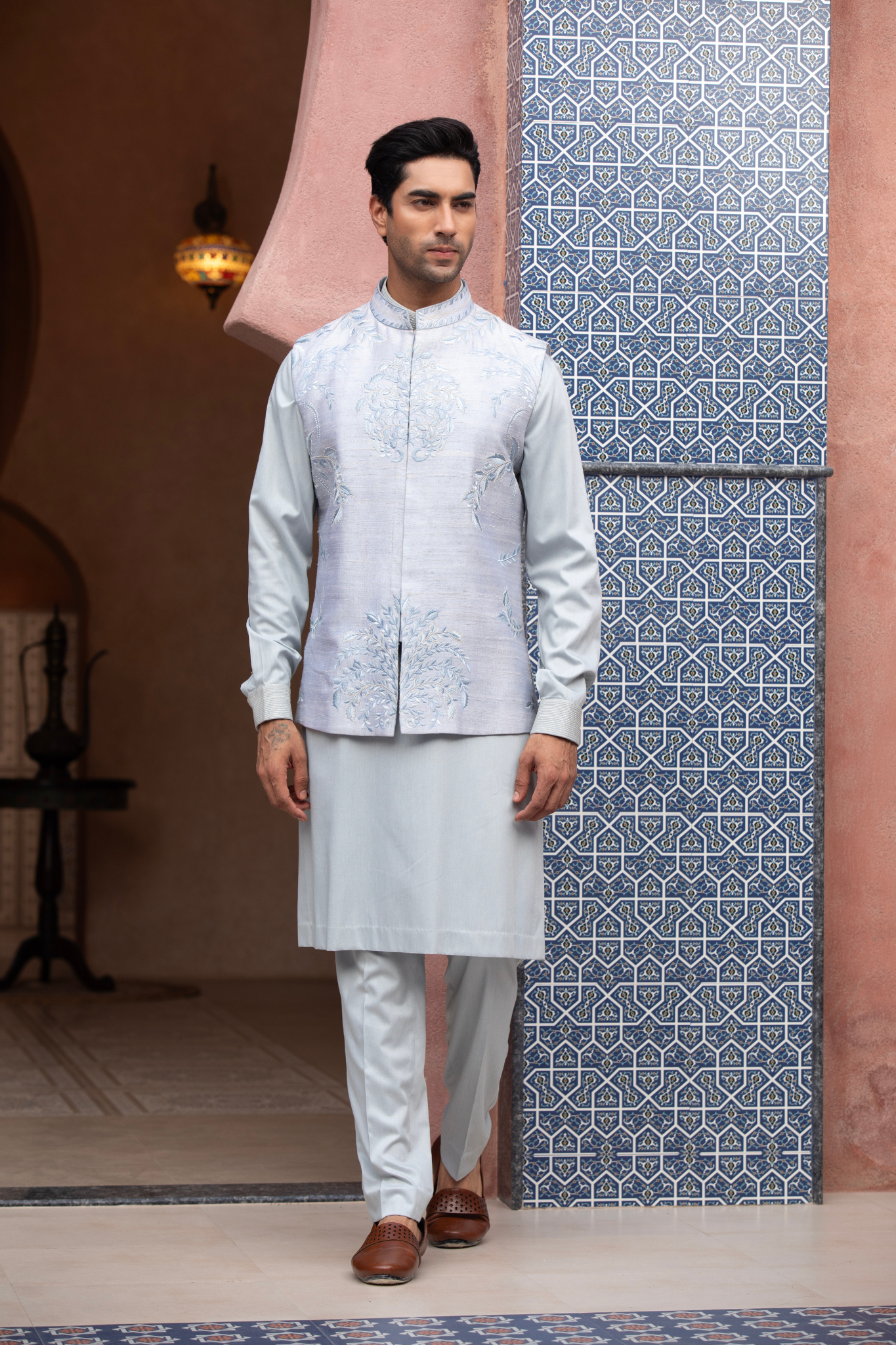 Opal Mist Embroidered Nehru Jacket Kurta Set