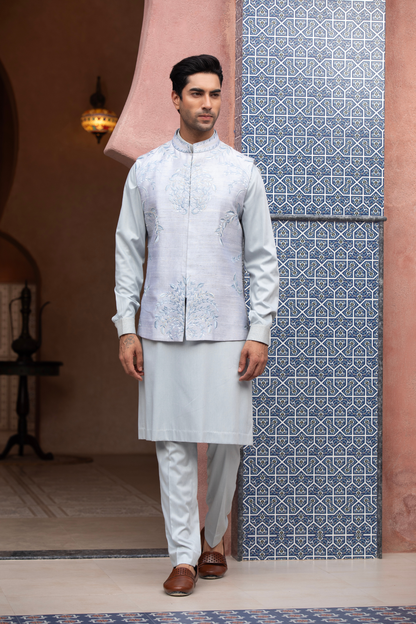 Opal Mist Embroidered Nehru Jacket Kurta Set