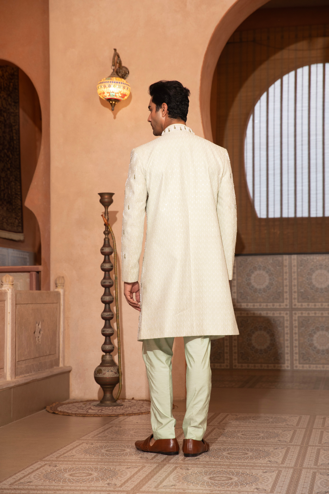 Mint Sheen Textured Open Style Indo Western Kurta Set