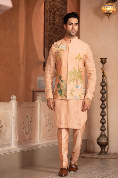 Peach Blossom Embroidered Nehru Jacket Set