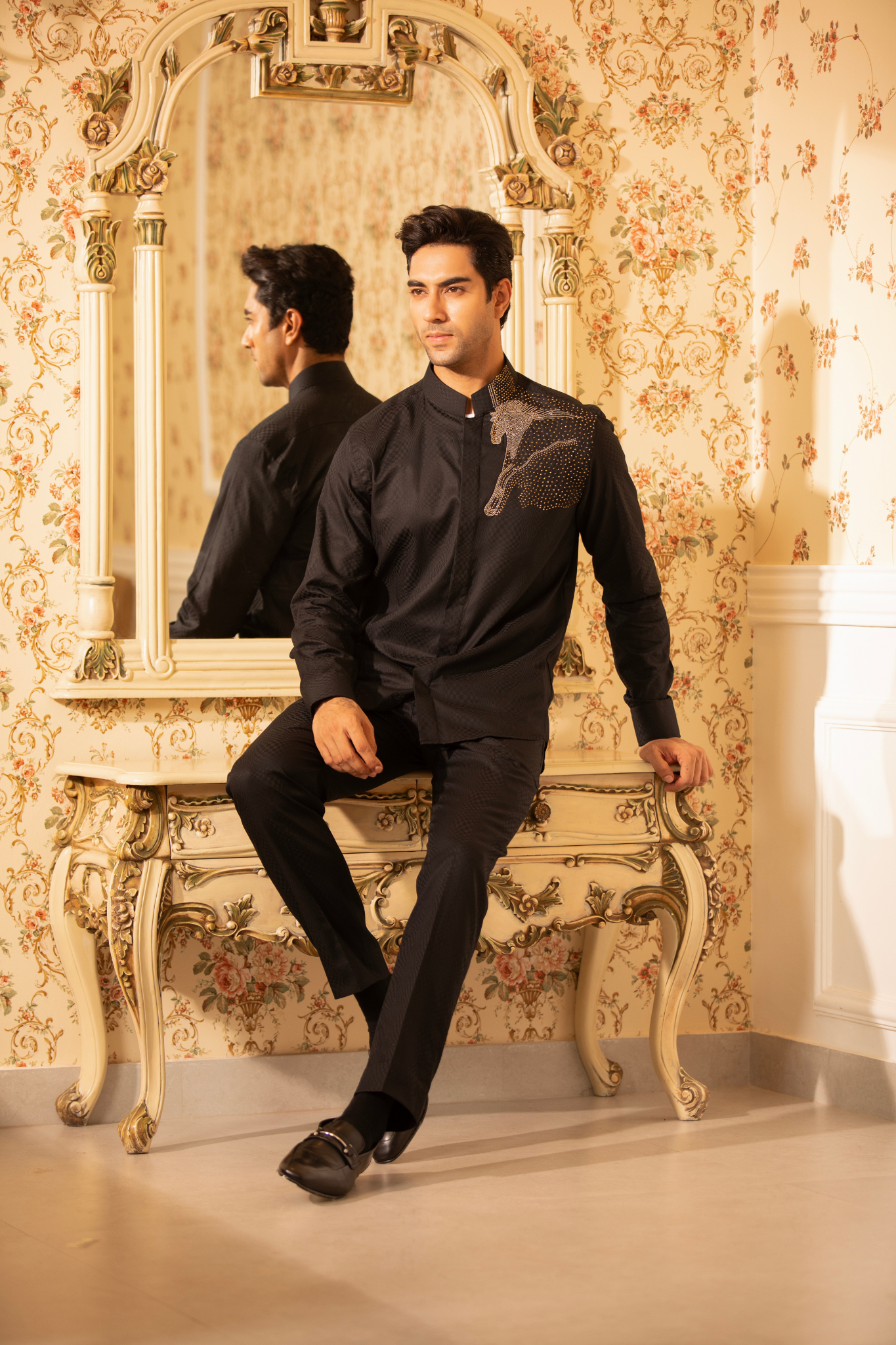 Black Designer Embroidered Cord Set