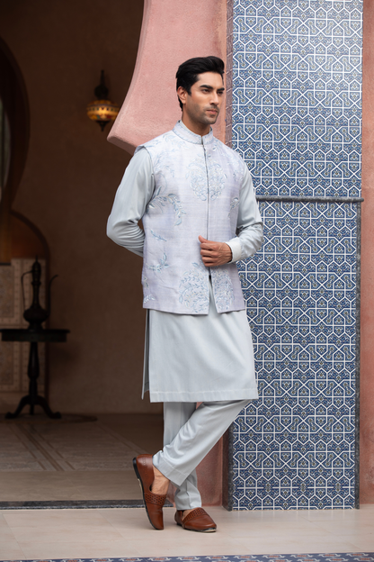 Opal Mist Embroidered Nehru Jacket Kurta Set