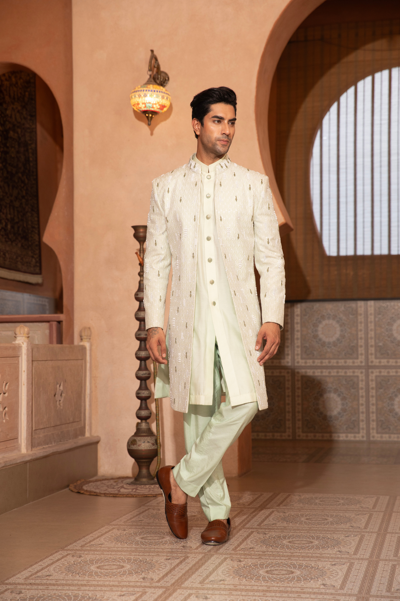 Mint Sheen Textured Open Style Indo Western Kurta Set