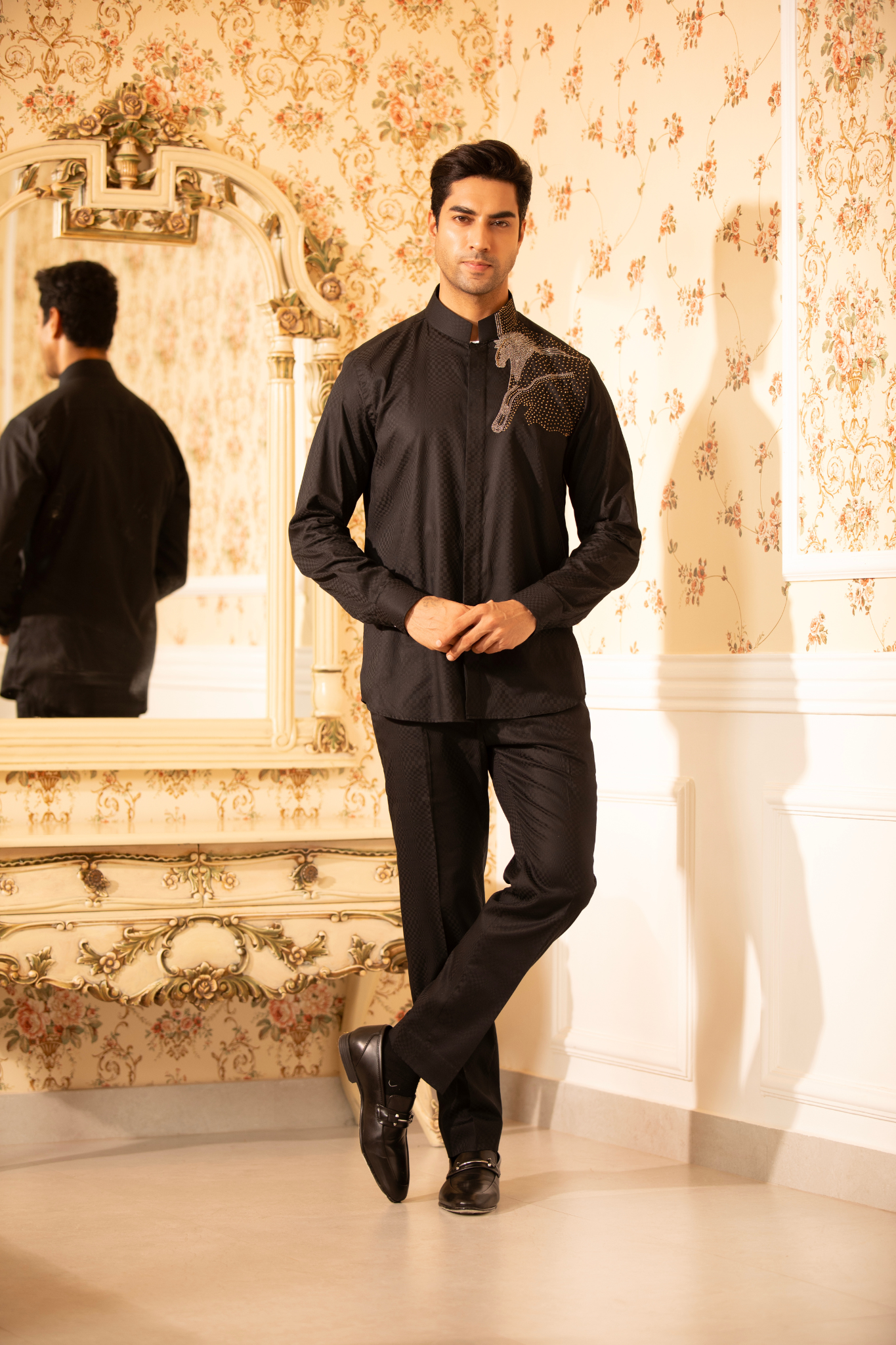 Black Designer Embroidered Cord Set