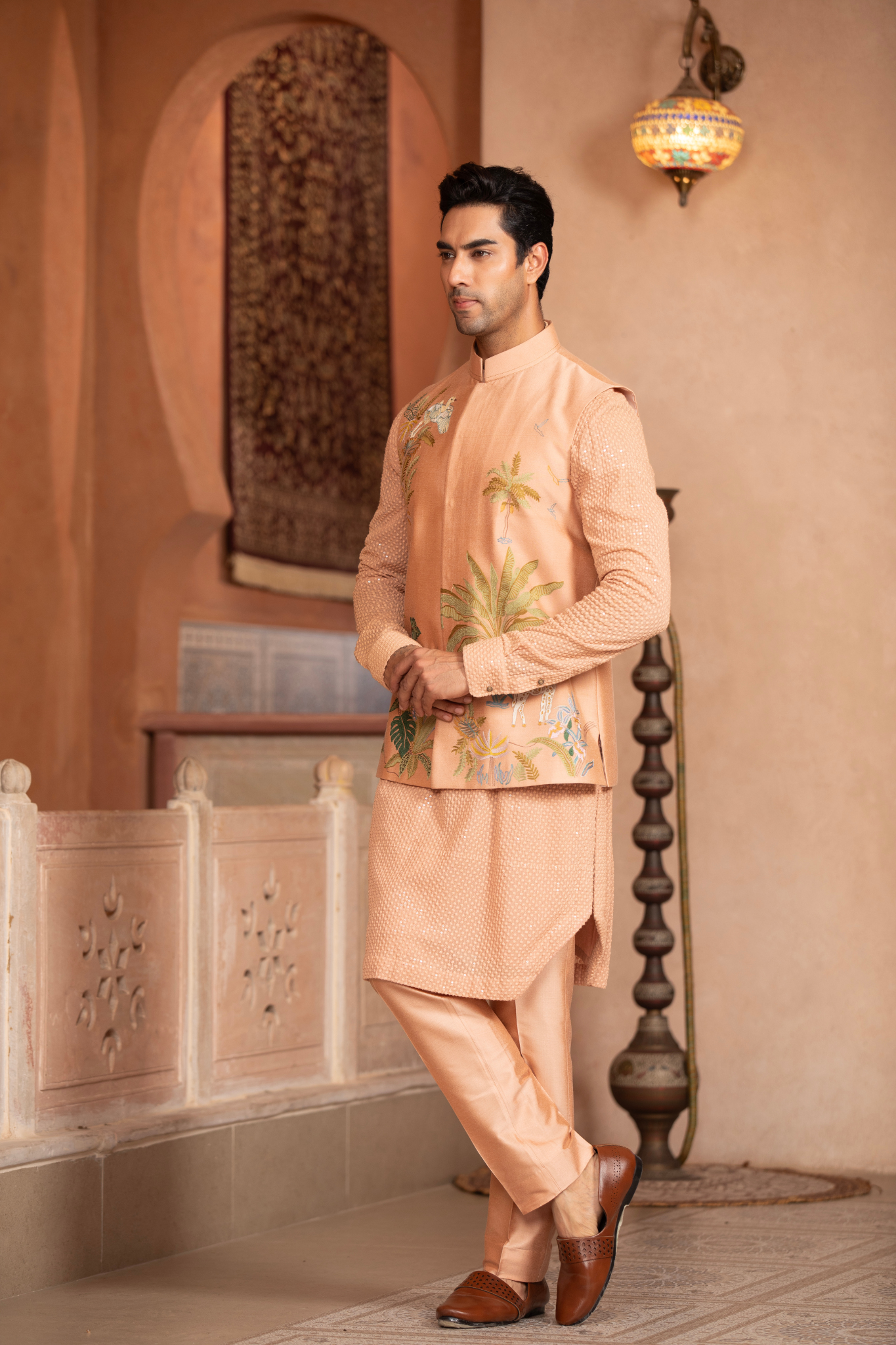 Peach Blossom Embroidered Nehru Jacket Set