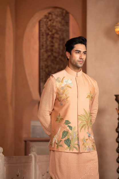 Peach Blossom Embroidered Nehru Jacket Set