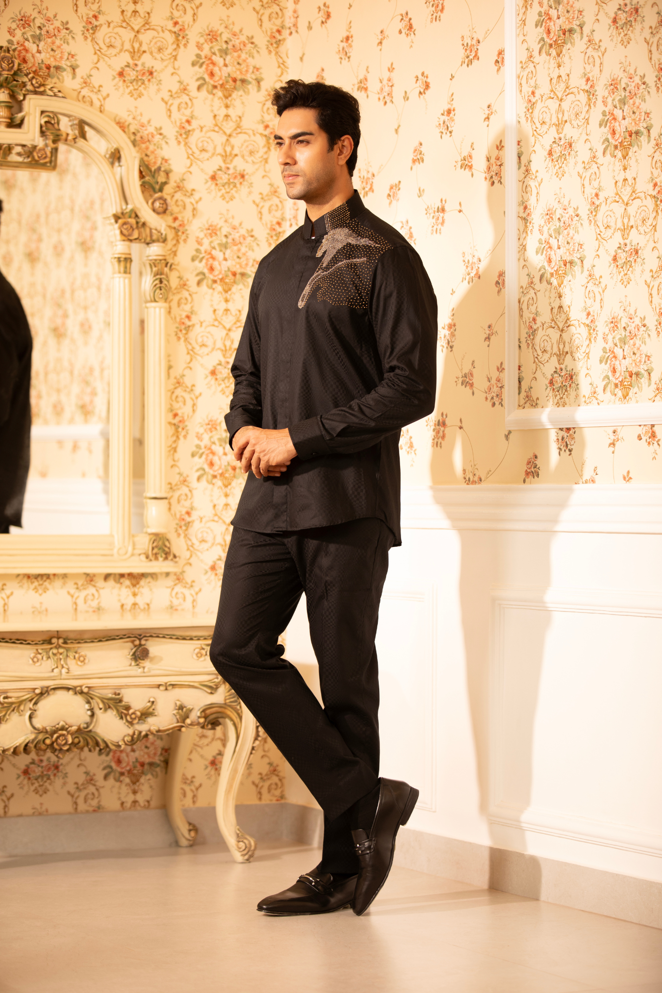 Black Designer Embroidered Cord Set