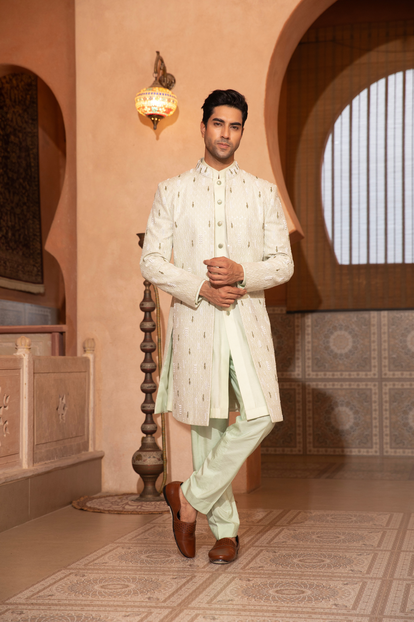 Mint Sheen Textured Open Style Indo Western Kurta Set