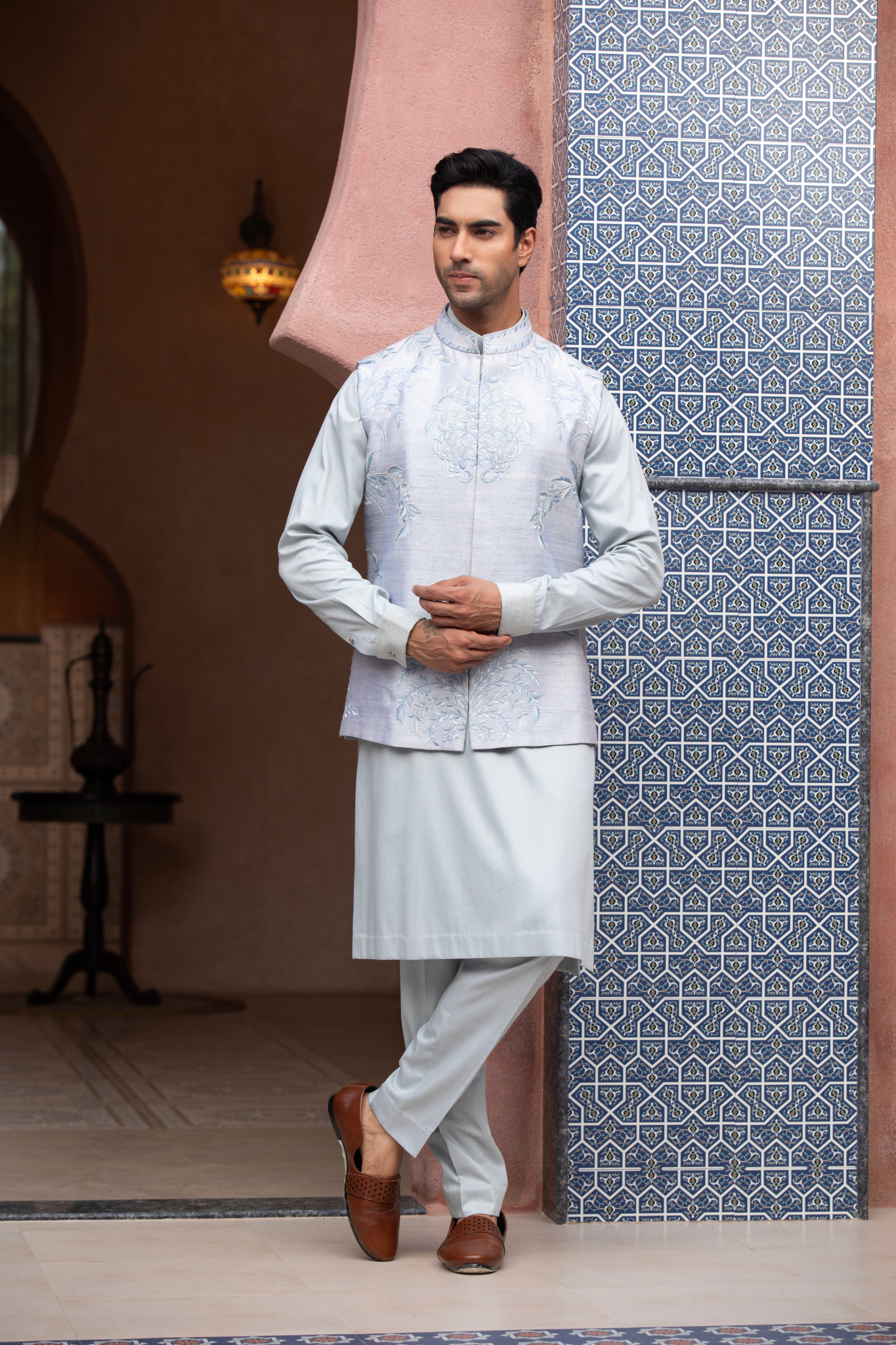 Opal Mist Embroidered Nehru Jacket Kurta Set