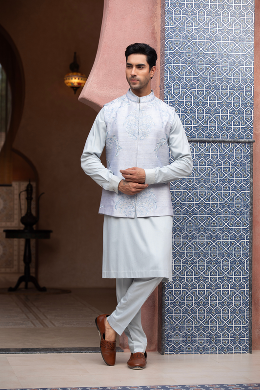 Opal Mist Embroidered Nehru Jacket Kurta Set