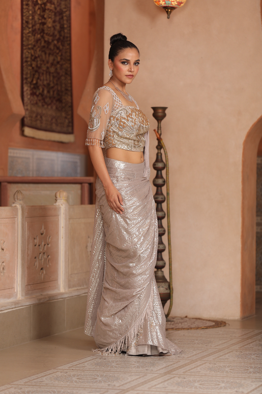 Champagne Glimmer Sequin Saree Set