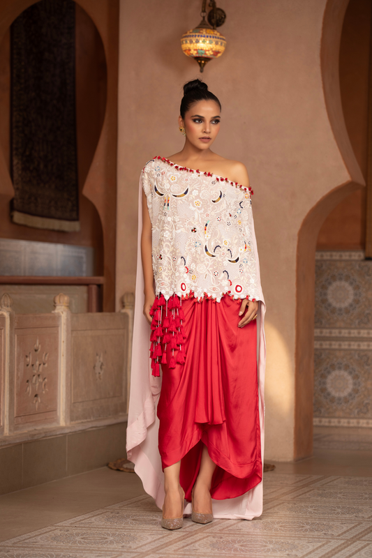 Crimson Cascade Cape Dhoti Set